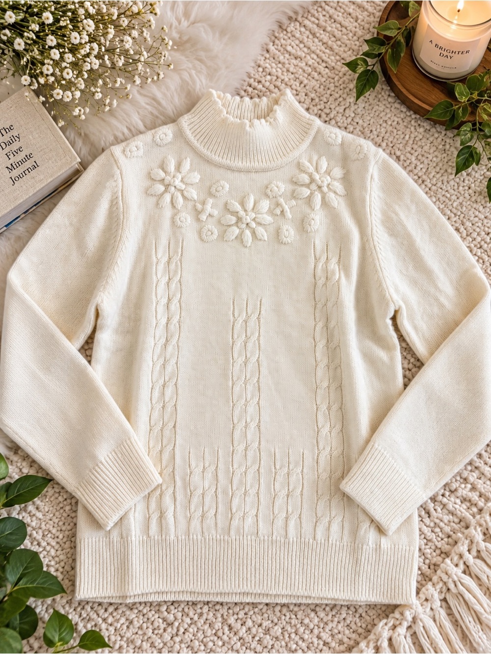 Vintage Salon Studio White Floral Embroidered Cable Knit Sweater Y2K Small